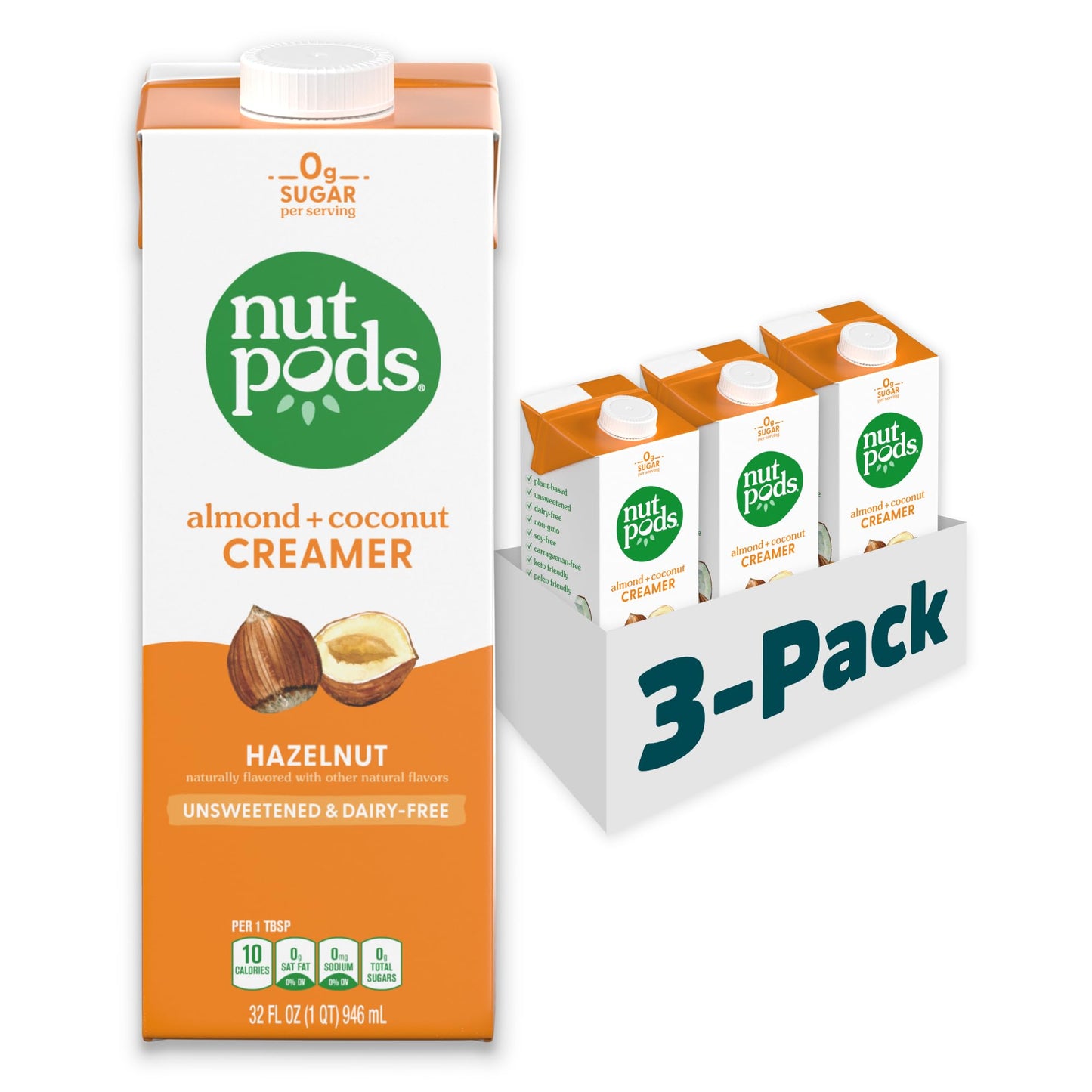 nutpods unsweetened Hazelnut Dairy-Free Coffee Creamer - 32oz 3-Pack