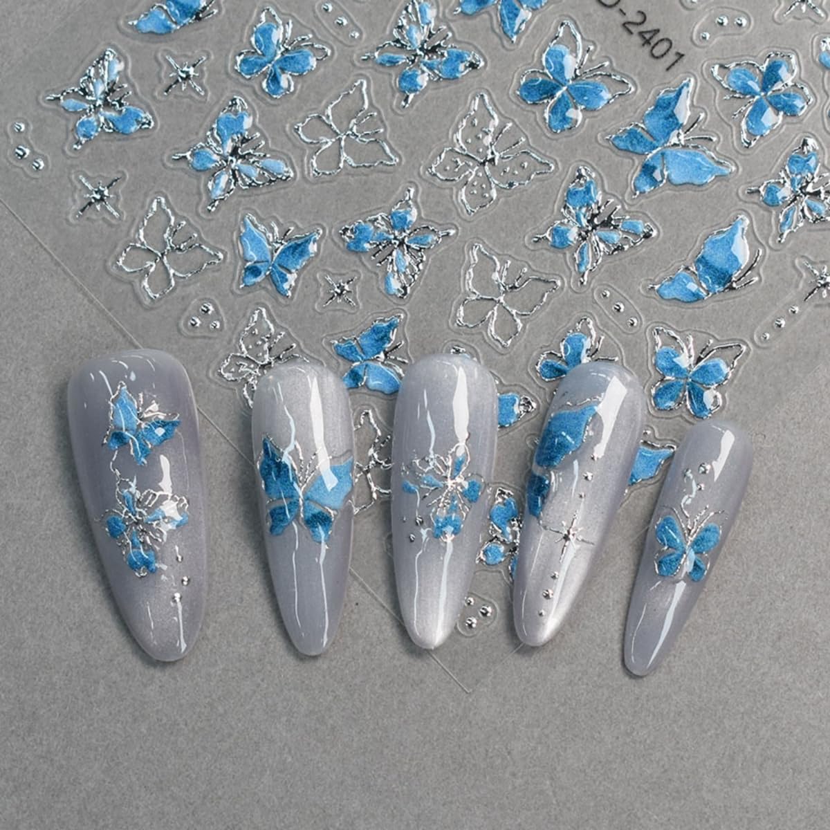 5D Butterfly Nail Stickers 6 Sheets Embossed Butterfly Nail Decals Pink Purple Self Adhesive Nail Art Stickers for Gel/Acrylic N