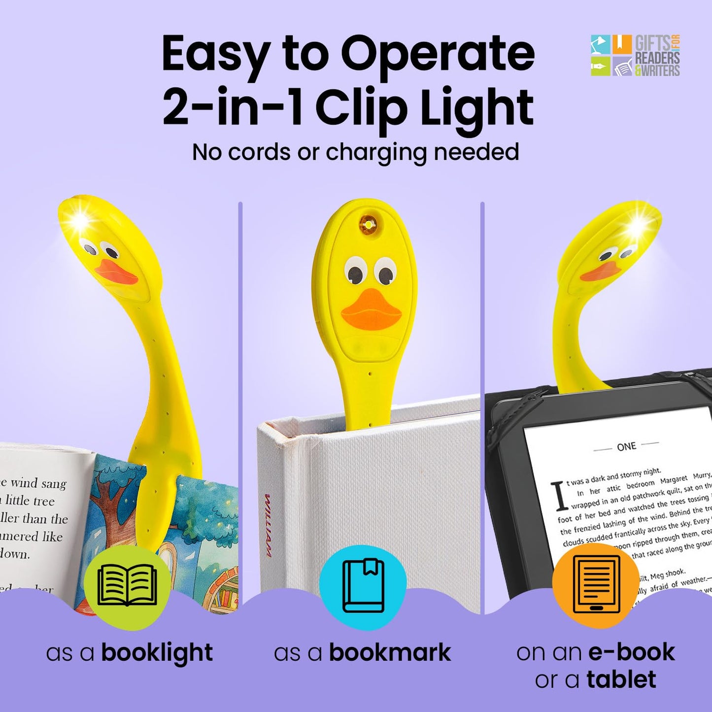 Gifts for Readers & Writers Flexilight Reading Light | LED Clip On Bookmark | Battery Operated | Duck Color