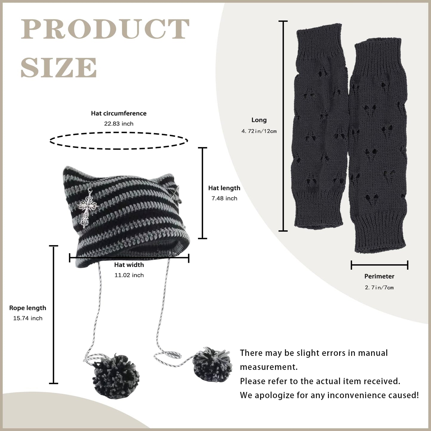 Women/Girls Crochet Hats Cat Beanie With Gloves Accessories Goth Grunge Crochet Knitted Arm Warmers Slouchy Beanies