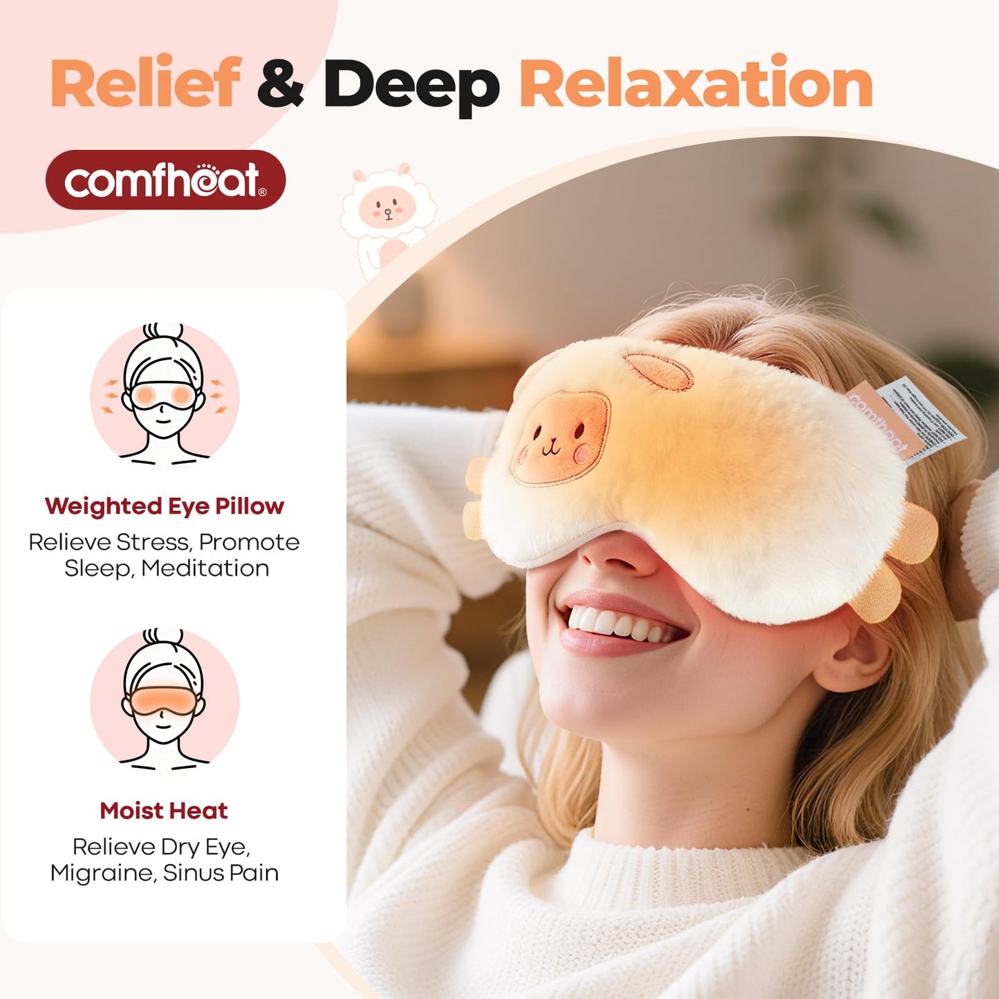 Comfheat Lavender Weighted Eye Pillow - Soft Plush Removable Cover, Moist Heat & Cold Therapy, Natural Aromatherapy Eye Compress Pillow for Relaxation, Yoga, Meditation, and Sleep, Cute Sheep