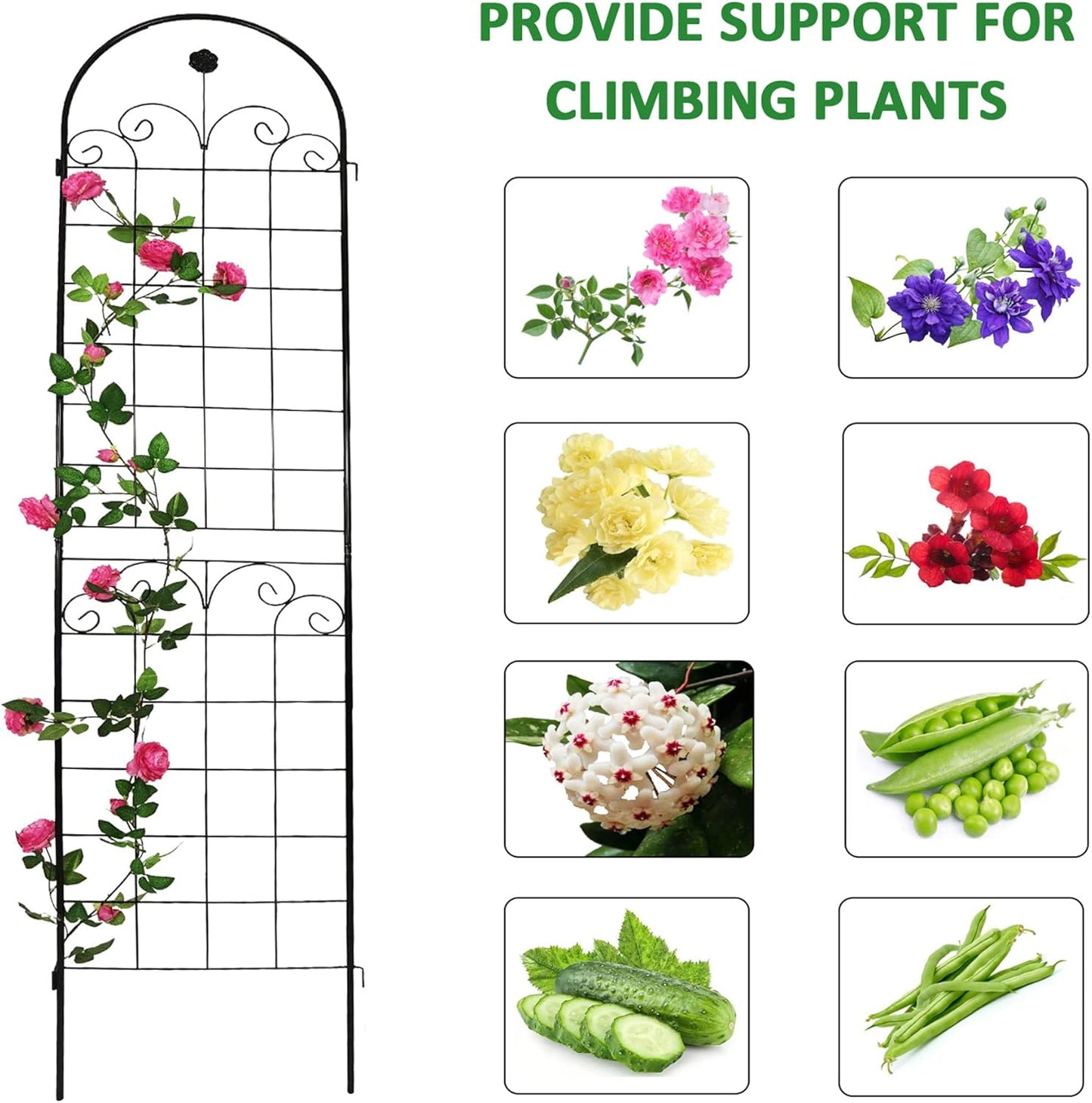 8 Pack Metal Garden Trellis for Climbing Plants, 86.7" Tall Rustproof Outdoor Trellis Panel w/Curly Grass Design, Decorative Black Iron Plant Support for Vine, Rose, Flower, Garden Wall