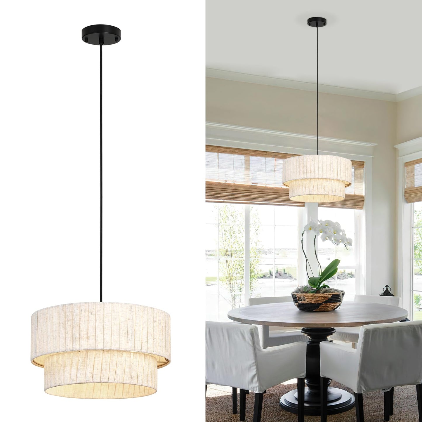 HILUXIA 16 Inch Modern Farmhouse Chandelier - Layered Linen Strips Hanging Pendant Light, Dimmable Rustic Lighting Fixture for D