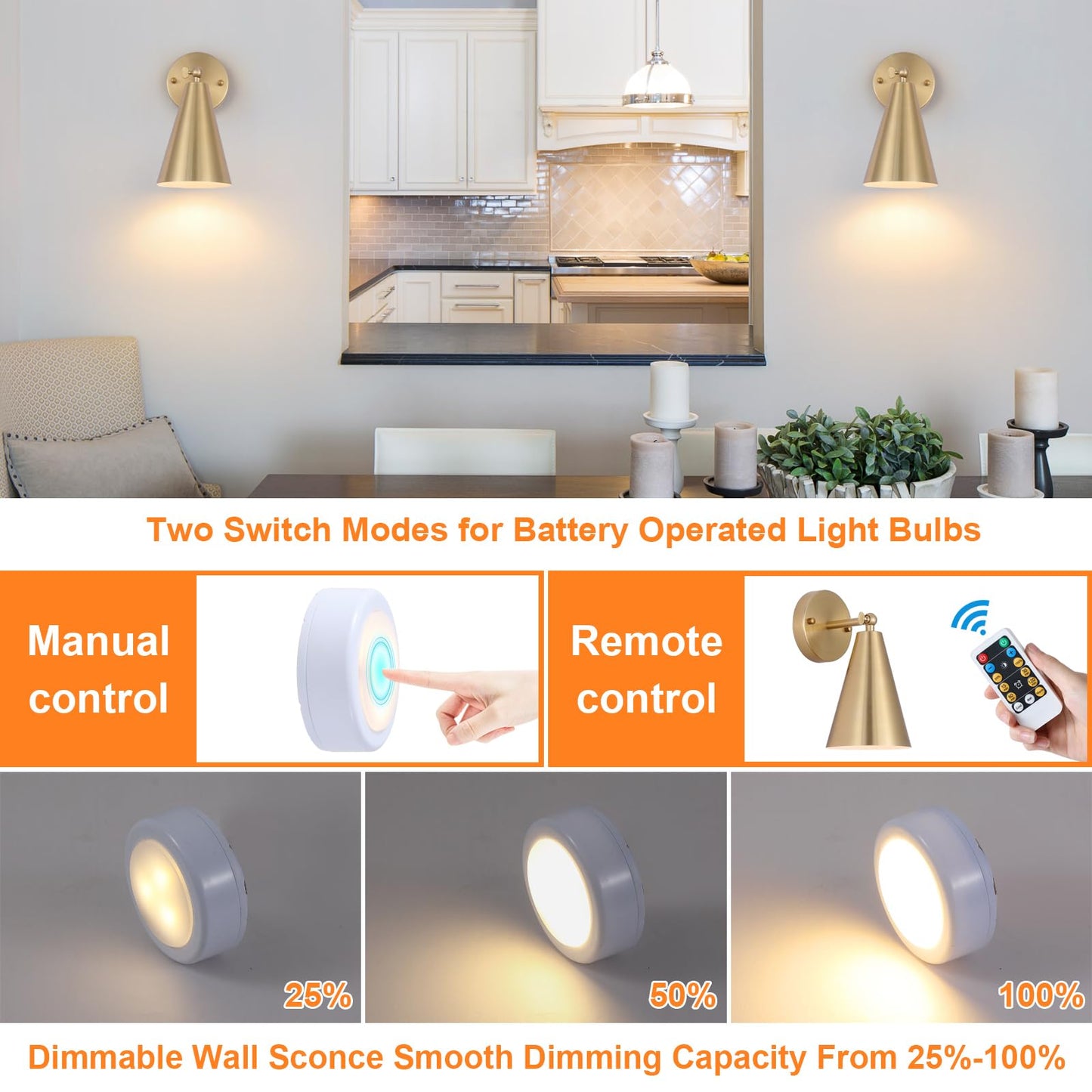 MWZ Gold Wall Sconces Set of Two, Wireless Dimmable Indoor Lighting with Remote Control, Adjustable Angle, Model W-XL115