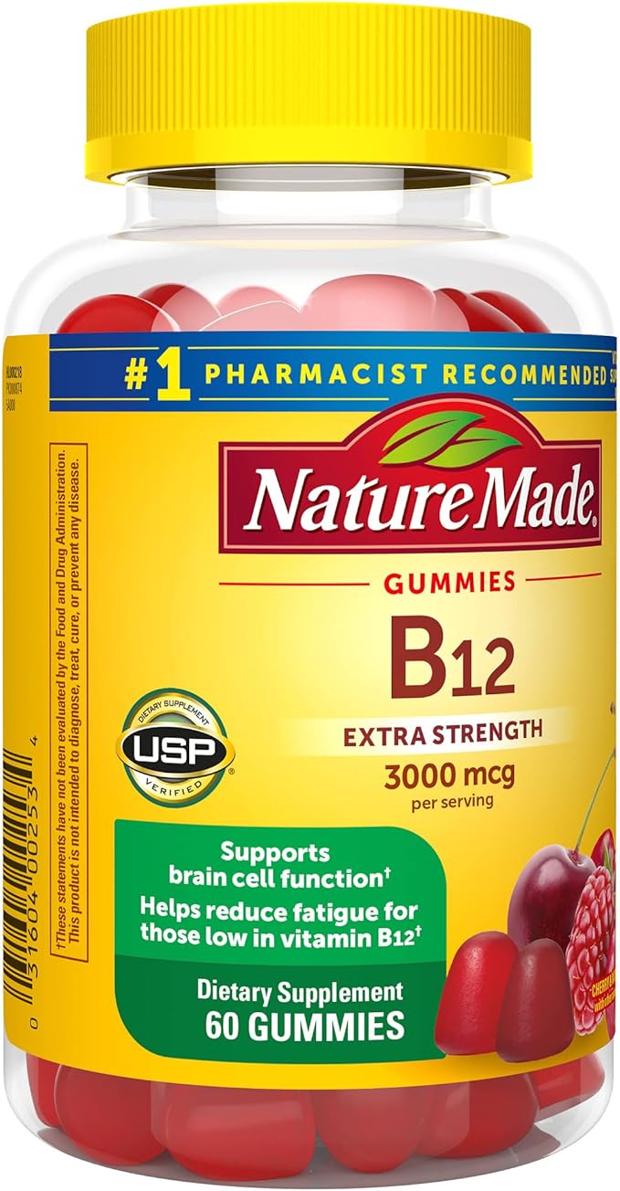 Nature Made Extra Strength Vitamin B12 Gummies, 3000 mcg per serving, B12 Vitamin Supplement for Energy Metabolism Support, 60 Gummy Vitamins, 30 Day Supply