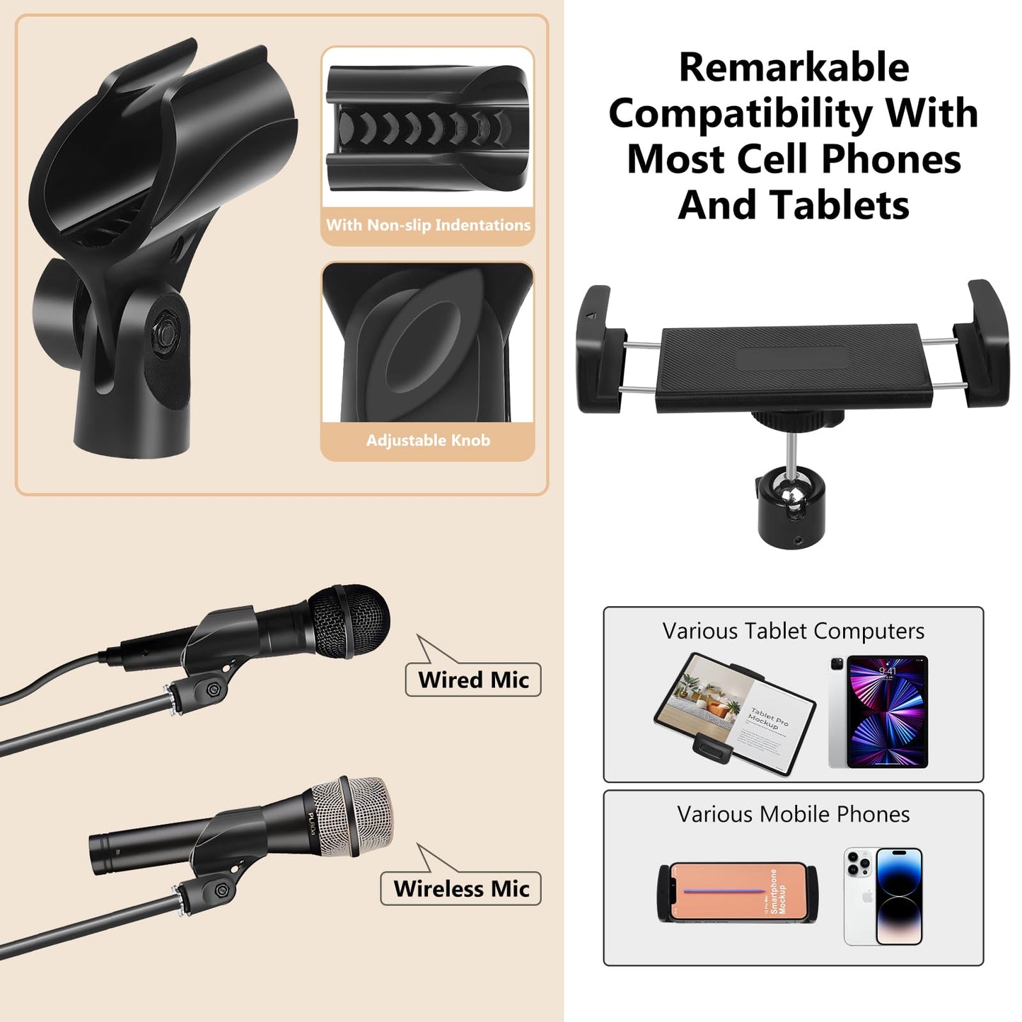 Ramzi Mic Stand,6 In 1 Microphone Stand Floor Boom Mic Stand, Support Boom Gooseneck Mic Clips Tablet Phone Holder Any Combinati