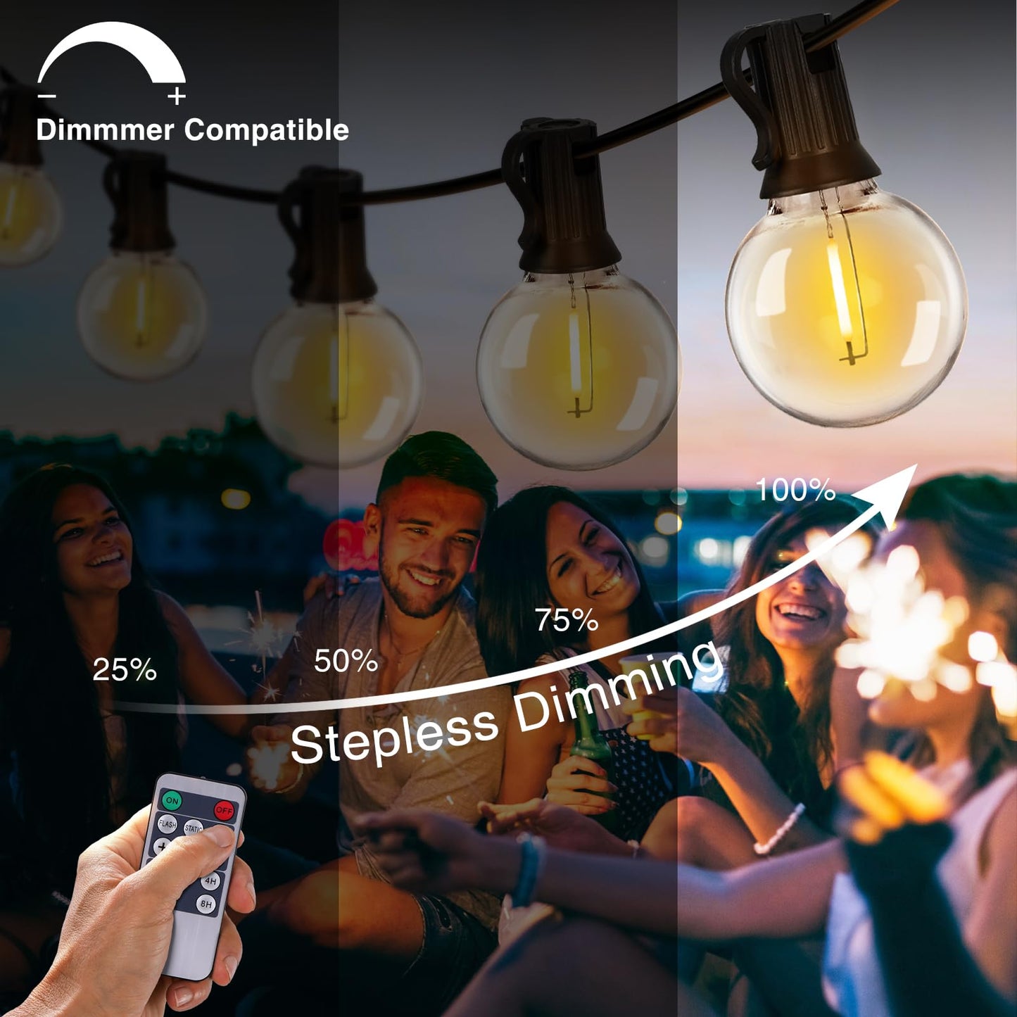 ZJOJO Solar Outdoor String Lights G40 Globe 200FT 100 Edison Glass Bulbs Shatterproof Black