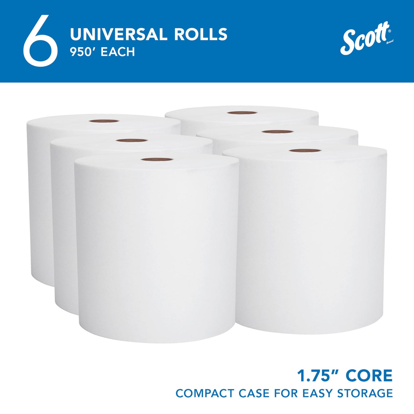 Scott Professional Essential Universal High-Capacity Hard Roll Paper Towels, Bulk (02000), Hardwound 1.75" Core, White, Compact for Easy Storage (6 Rolls at 950' Each, 5,700'/Case)