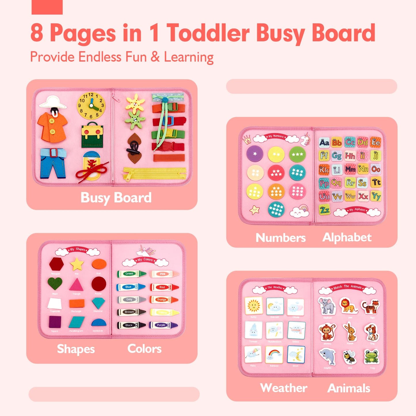 hahaland Toddler Busy Board Montessori Toys, 3 Year Old Girl Gifts Preschool Educational Learning Toys with Life Skills, Alphabet, Number, Shape, Color, Toddler Girl Stocking Stuffers Travel Busy Book