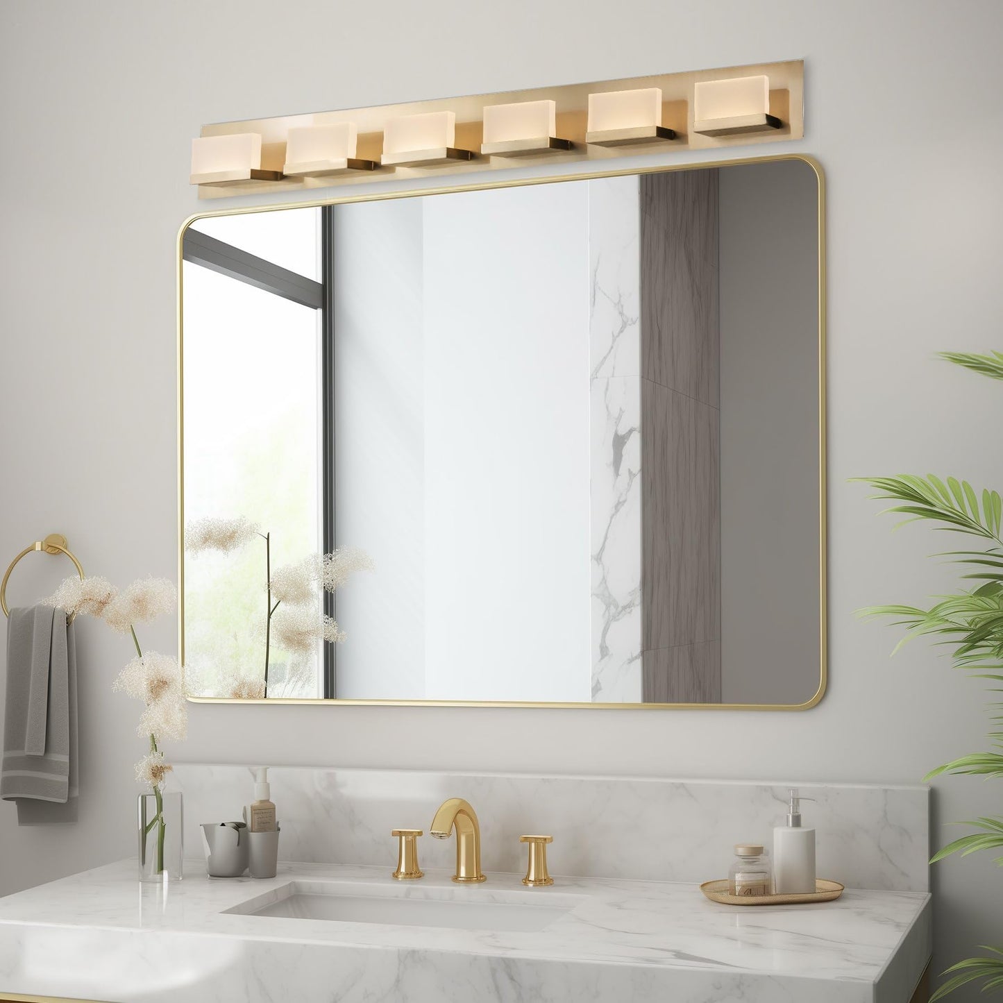 Kira Home 48in Modern 6-Light Bathroom Vanity Light, Cool Brass Finish, Metal, RV-WB9266-CB, 3000k Warm White Light