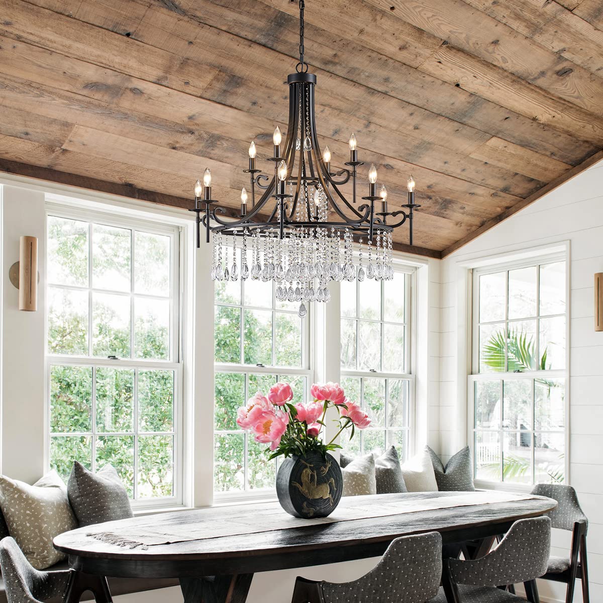 Wuzups Candle Chandelier 12-Light Wagon Wheel Pendant Ceiling Light Modern Lighting Fixture For Bedroom Hallway Bar Kitchen Dinning Living Room Bathroom Black