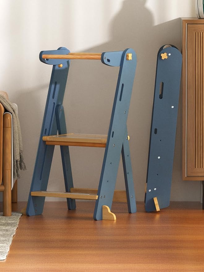 GROWNSY Foldable Step Stool Toddler Tower, Toddler Kitchen Stool Helper, Collapsible Kids Standing Tower with 3 Adjustable Heights and Safety Net for Kitchen Bathroom Sink Counter (Blue Gray)