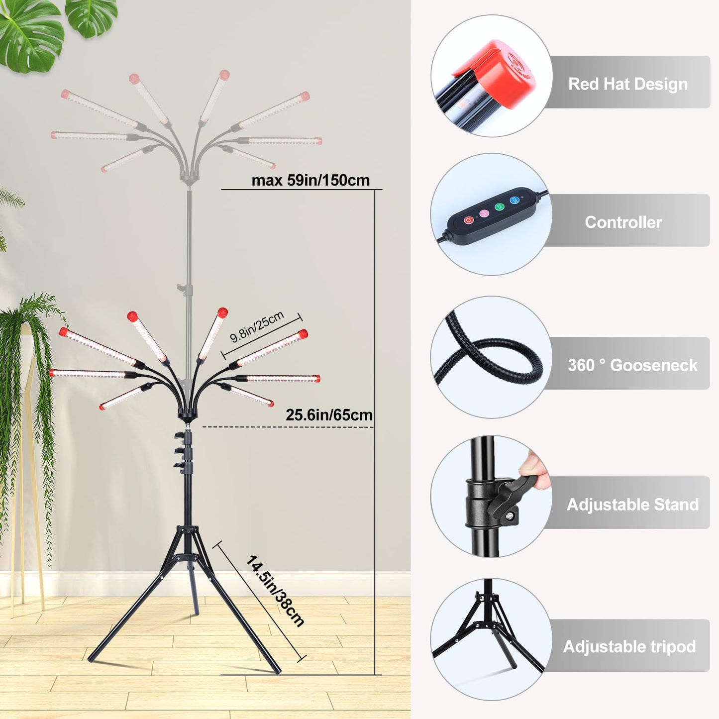FECiDA 72W LED Grow Light, 8-Head Full Spectrum Plant Light, Black, Model ZH_GL_RH, Timer 4/8/12 Hr, Ideal for Indoor