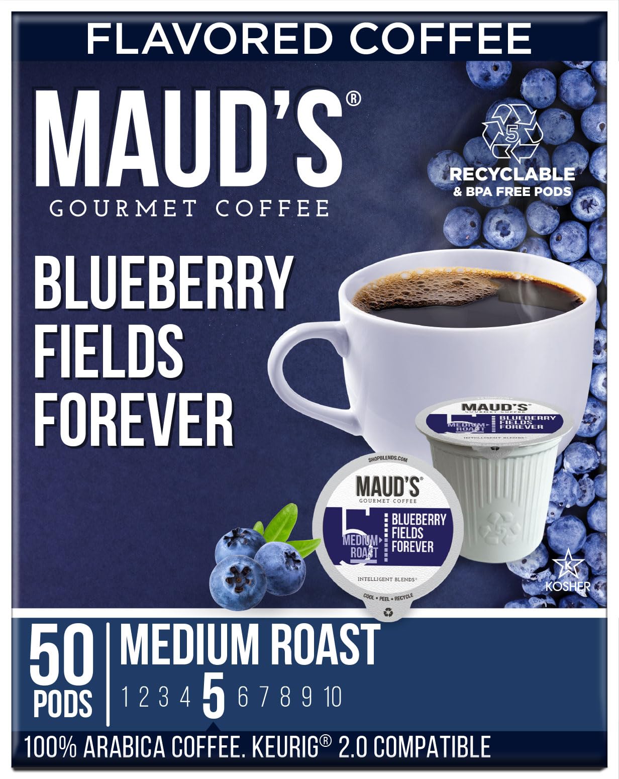 Mauds Blueberry Flavored Coffee Pods 50ct | Blueberry Fields Forever | 100% Arabica Medium Roast Coffee Pods | Solar Energy Produced Recyclable Single Serve Pods Compatible with Keurig K-Cup malt-inspired