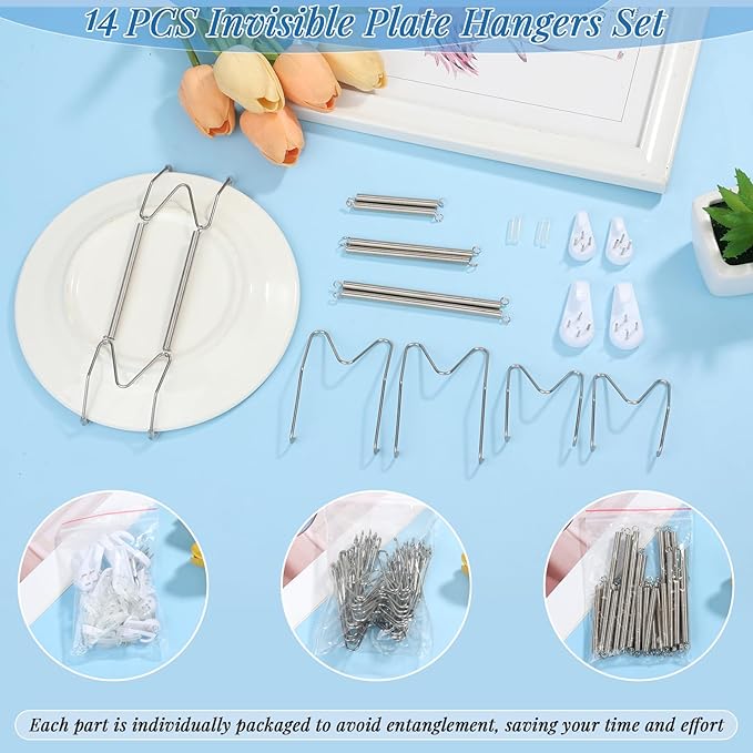 14 Pieces Plate Wall Hangers for Display - 6/8/10/12 Inch Invisible Plates Hanger, Stainless Steel Plate Holders with 14 Pieces Wall Hooks for 5.5 to 12.5 Inch Decorative Plates and Arts (Silver)