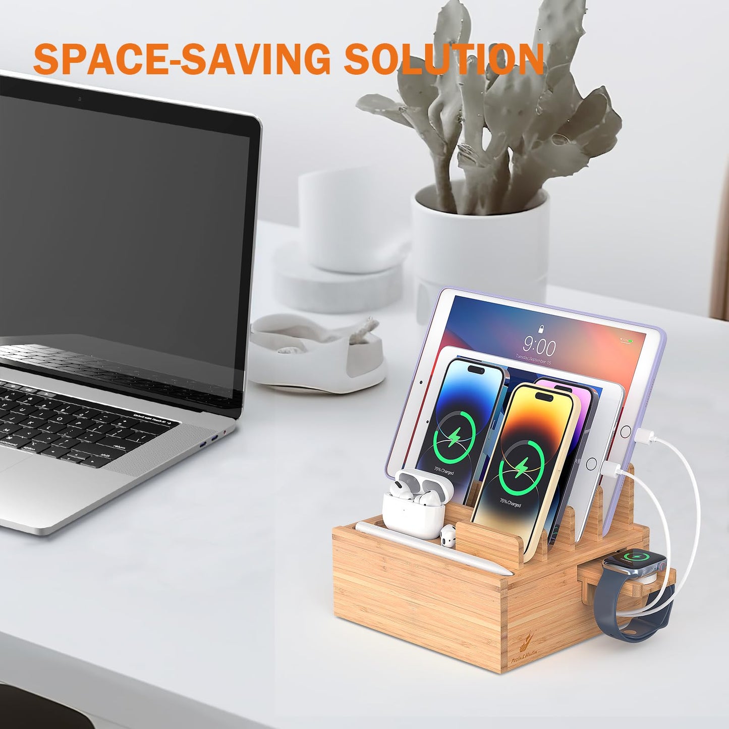 Pezin & Hulin Desktop Usb Charging Station With Bamboo Charging Station, Desktop Charger Block, Compatible With Tablet, Cell Pho