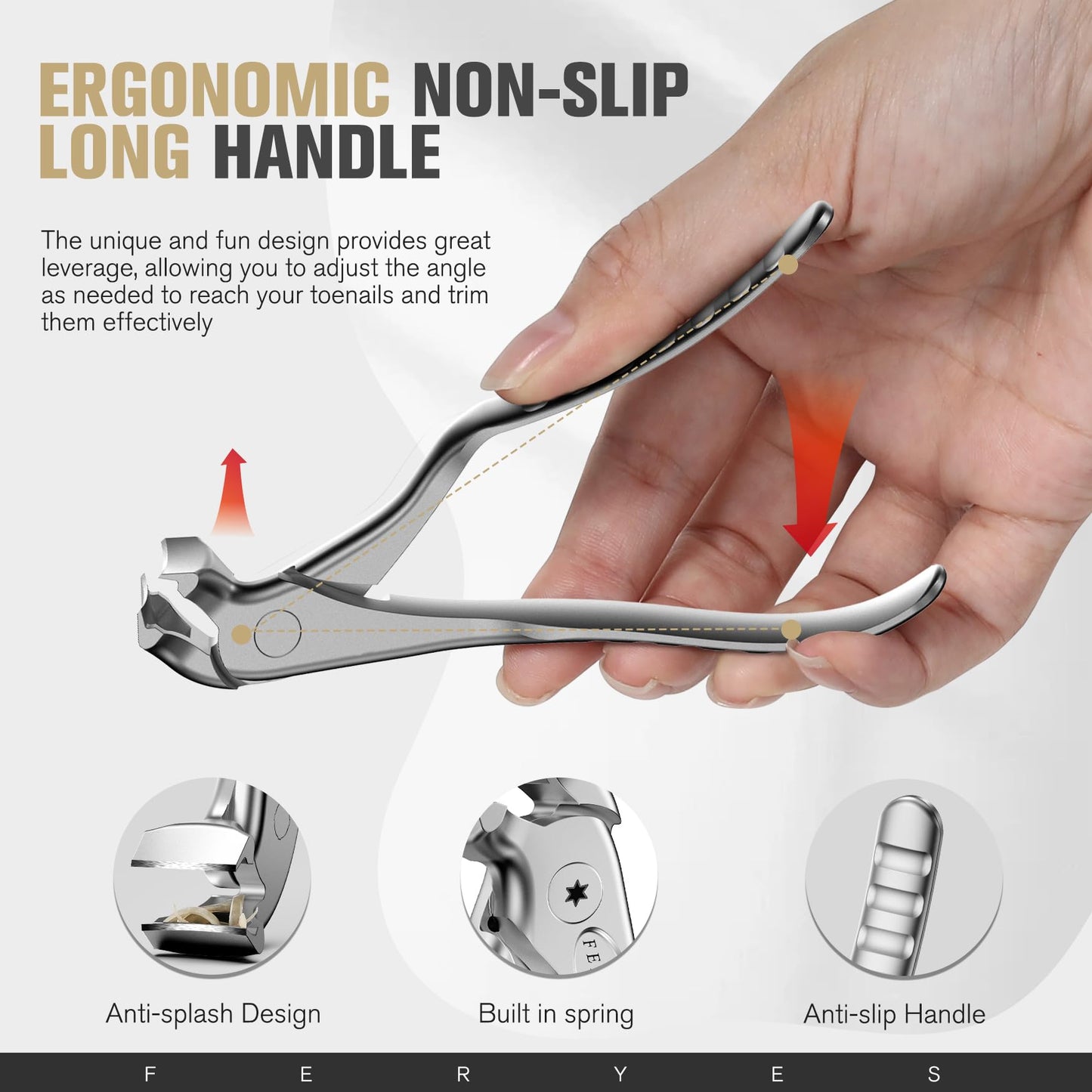 FERYES Ergonomic Non-Slip Long Handle Nail Clippers for Seniors, Unique Angled Head Curve Wide Jaw Opening Toenail Clipper with