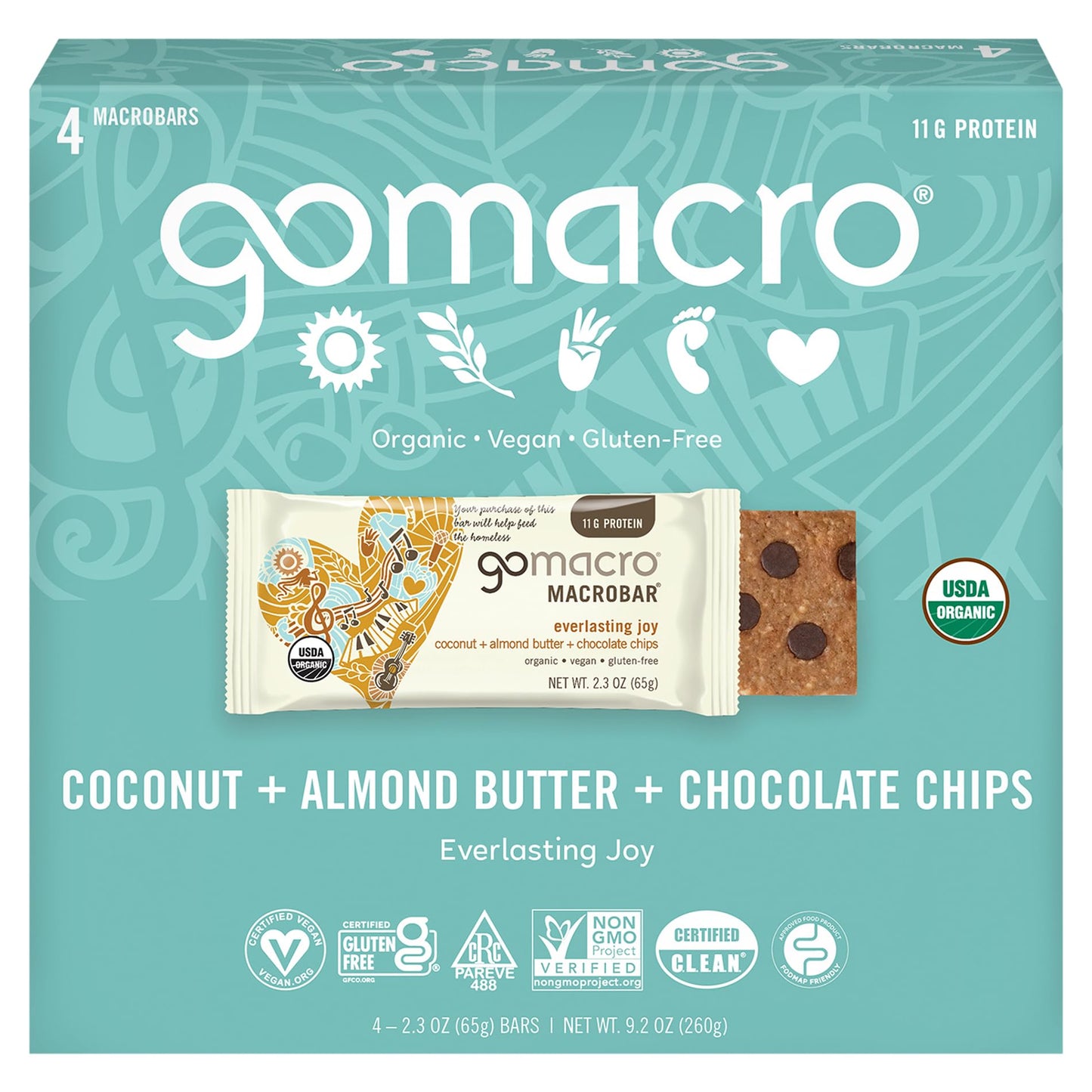 GOMACRO Organic Coconut Almond Butter Chocolate Chip Bars 4 Count, 2.3 OZ