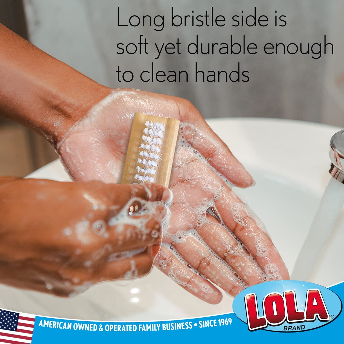 LOLA Classic Hand & Nail Wood Brush, 3 Pack, Heavy Duty 2 Sided Soft & Stiff Bristles, Cleans Hands, Fingernails, Feet & Toenail