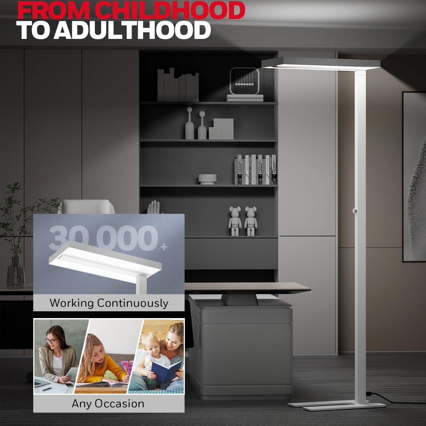 Honeywell LED Floor Lamp - Modern Eye Caring Dimmable Light, 6000LM, 60W, 4000K, Large, White, Model HWL-02E
