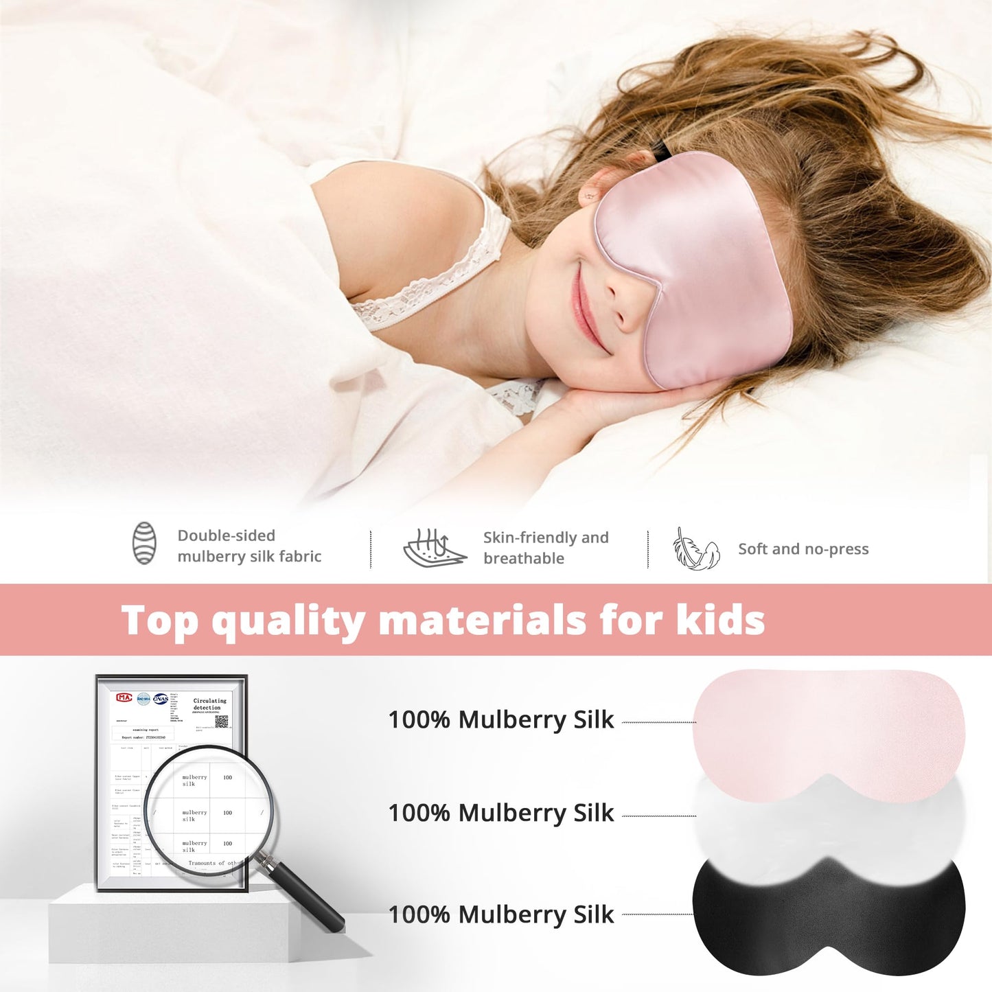 Pyopbow Kids Sleep Mask Eye Cover, 100% Real Natural Pure Silk Eye Mask with Adjustable Strap, Blindfold Kids Eye Mask for Sleeping, Eye Shade for Boys Girls and Adult, Pressure-Free Comfort (Pink)