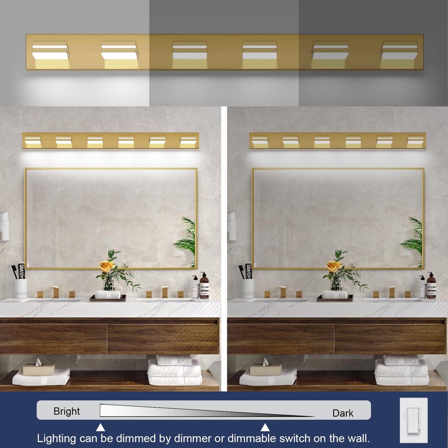SineRise 6-Light LED Bathroom Vanity Light Fixture, 48-Inch, Brass, Dimmable, Acrylic, Cool White 6000K