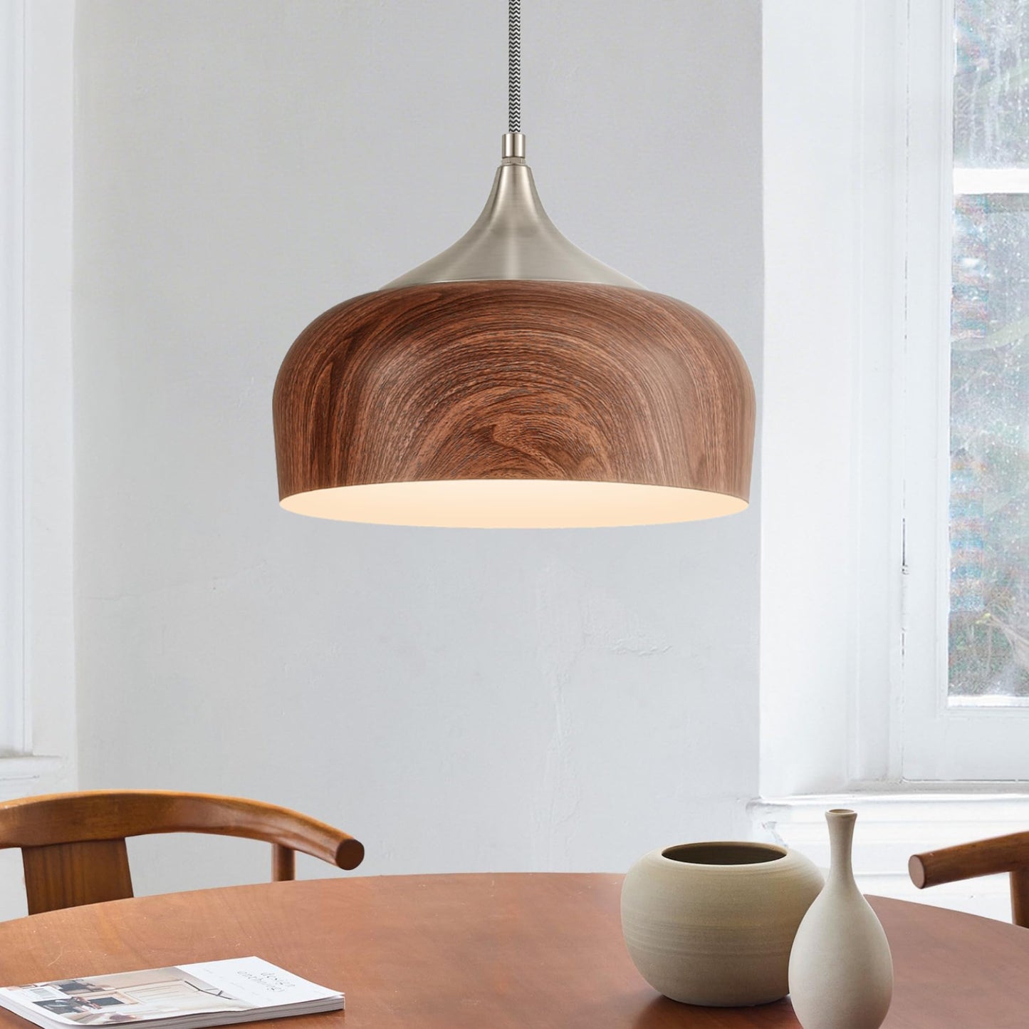 Elyona Brushed Nickel Pendant Light Wooden Pattern Dome Pendant Light Fixture Nickel Metal Modern Adjustable Hanging Lighting For Kitchen Island Dining Room Office Hallway Foyer Bedroom 12 Inch