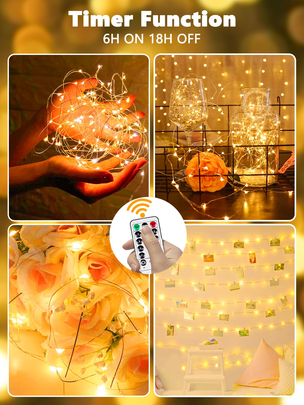 YIQU 6 Pack LED Fairy Lights, 26 FT, Battery Operated, Remote Control, Warm White, 8 Modes, Copper, Model: silver80-6pk