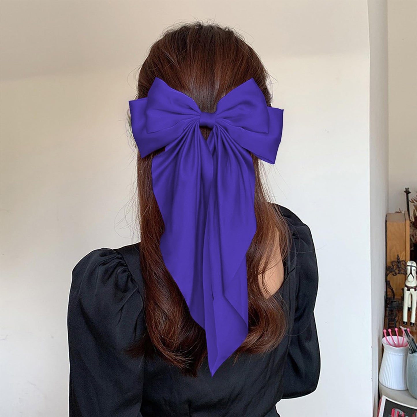 Hair Bows for Women Girls - Silky Satin Bow Hair Clip with Long Tail Ribbons - Halloween Hair Accessories (Purple,1Pcs)