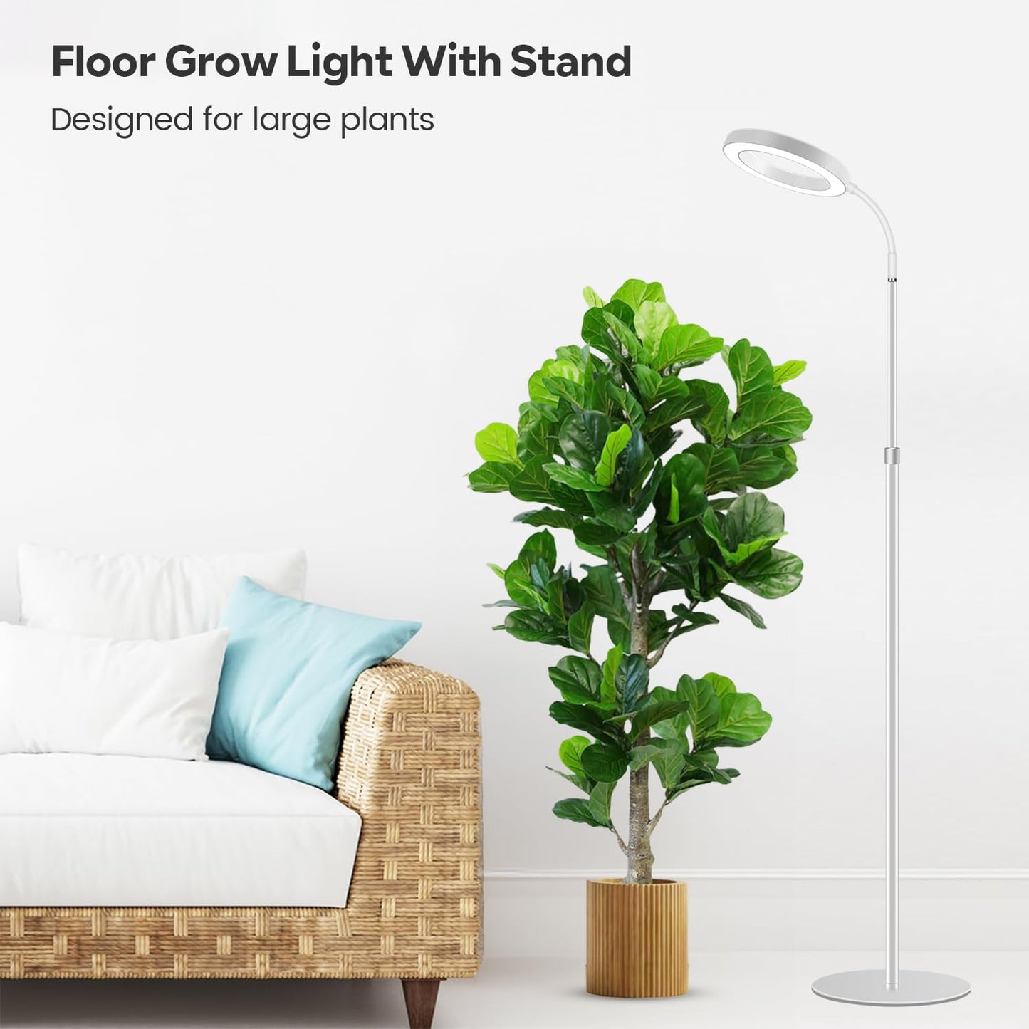 Garpsen Grow Light, Full Spectrum LED Plant Lamp, 67in Adjustable Height, 3 Color Modes, 5 Dimmable Levels, White, Model BL-B20B-White