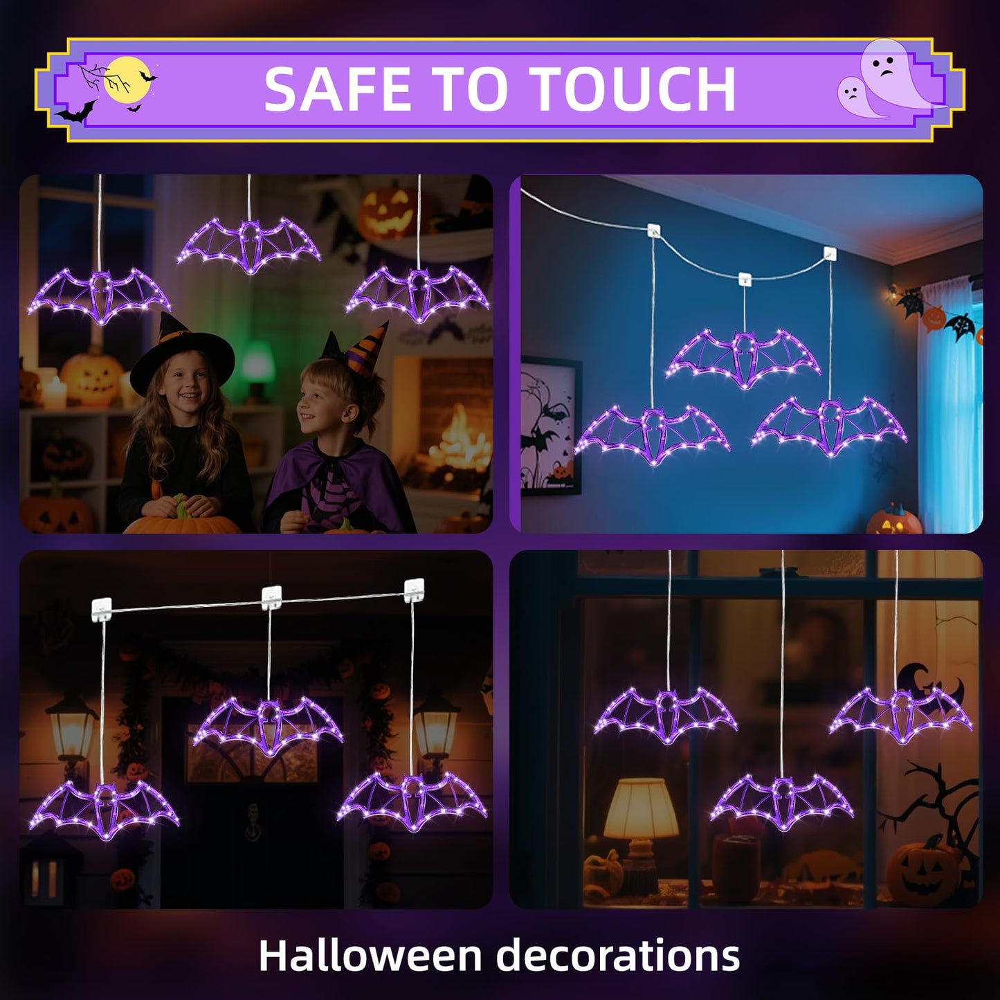 Hopolon Halloween Decorations Lights 2Ft 36Led Halloween Purple Bat Windows Lights Battery/Usb Operated String Light Ip44 Waterproof 8Mode&Timer For Indoor Outdoor Holiday Home Party Decor(4Hooks)