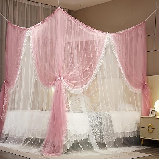 4 Corners Post Princess Curtain Bed Canopy Lace Up Double Layer 4 Opening Mosquito Net Mesh for Girls Bedroom Decoration(Pink/White, 64" W*82" L*82" H/Queen)