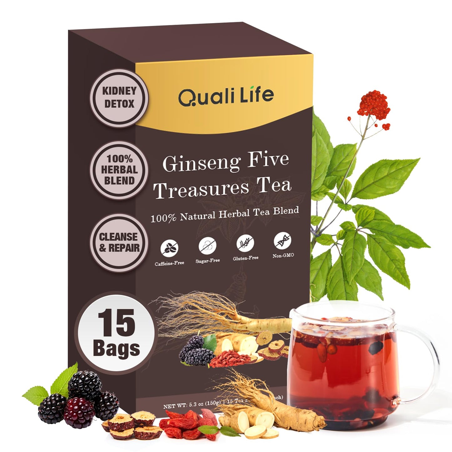 Ginseng Five Treasures Herbal Tea Bags, Traditional Chinese Herbal Blend with 7 Ingredients, Natural Tea for Women & Men (1 Pack