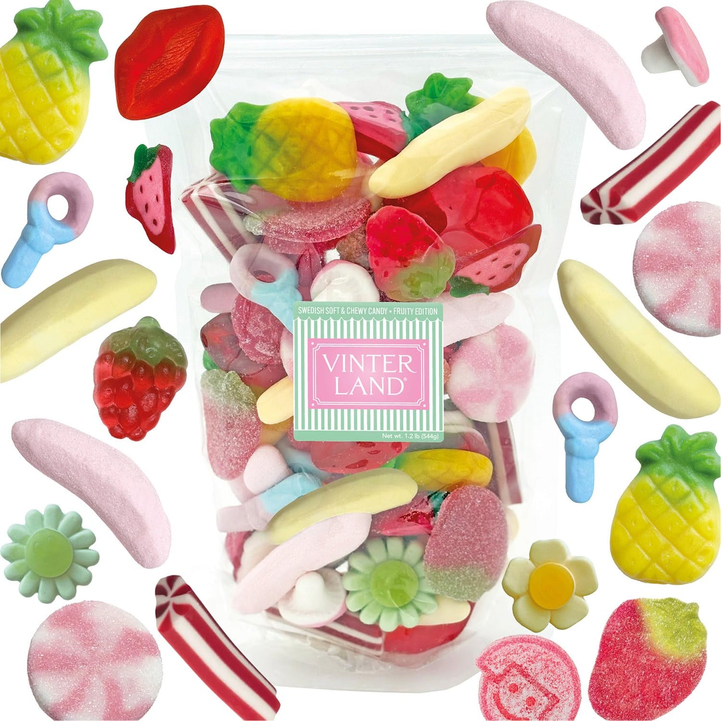 VINTERLAND - Fruity Swedish Candy Mix (1.2 Pounds) - Assorted Swedish Candy Sweet Mix - Red Strawberry Licorice - Yellow Bananas - Pink Mushrooms - Happy Flowers - Juicy Berries - Circus Pens and more - Fruity Edition