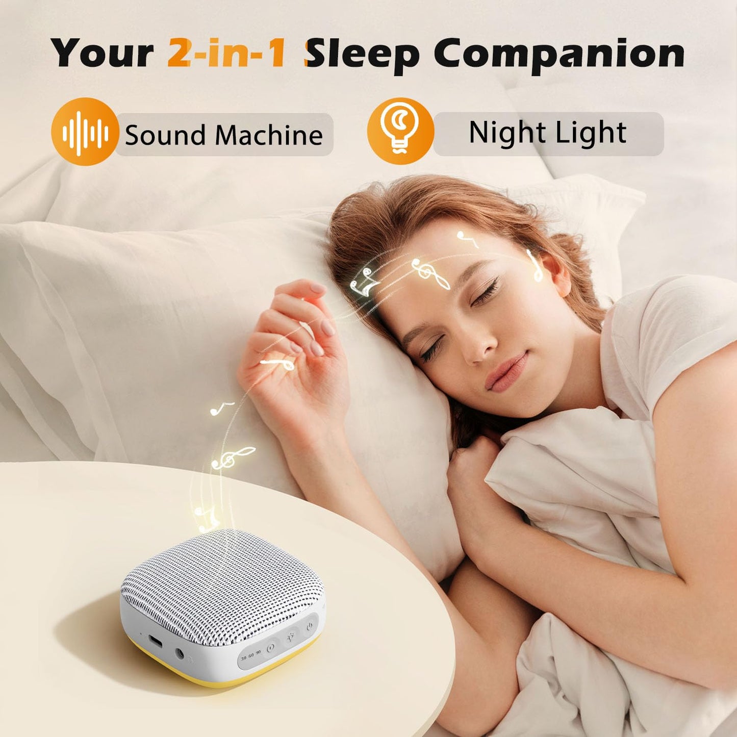 White Noise Sound Machine for Sleeping Adults – with Amber Breathing Night Light, Headphone Jack, 20 Non-Looping Sounds, 52-Hour Battery, Timer & Memory (White)