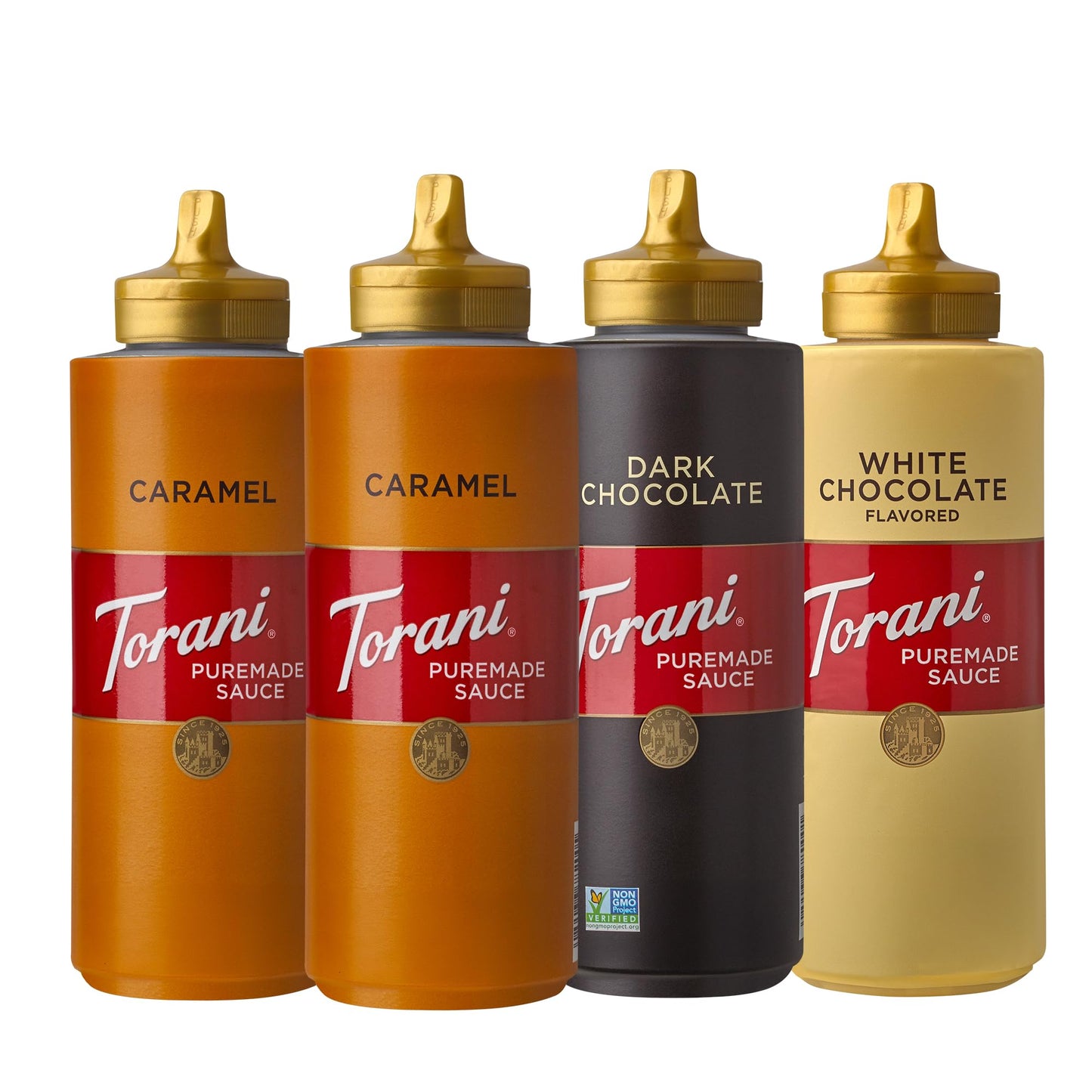 Torani Puremade Dessert & Drink Sauce Variety Pack Dark Chocolate White Chocolate & 2 Caramel 16.5 fl oz (Set of 4)