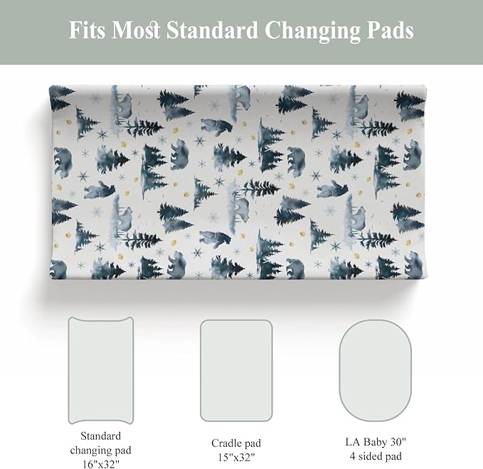 Watercolor Bear Winter Changing Pad Covers for Baby Girls Boys Pastel Bear Pine Trees Snowflakes Tracks Fitted Change Table Pad Mats Wild Animals Adventure Soft Diaper Changing Pad Sheets 32''×16''