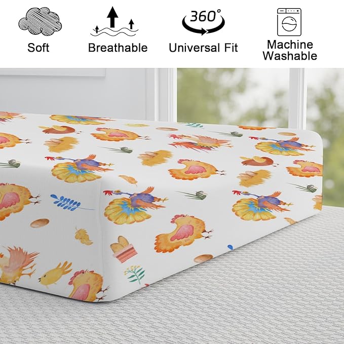 Rooster Hens Chicken Eggs Floral Leaves Changing Pad Cover for Boys Girls Baby Chicken Farm Animals Unisex Diaper Change Pad Table Sheets Soft Stretchy Snug Fitted Change Table Mats 32''x16''