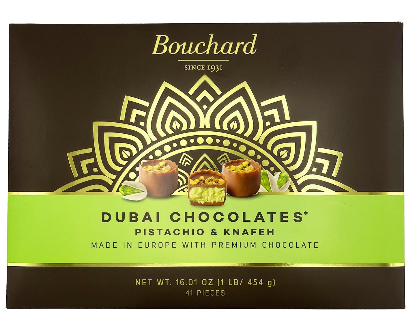 Bouchard Dubai Chocolates Pistachio & Knafeh, 16.01 OZ (1 LB/454g), Brown & Light Green