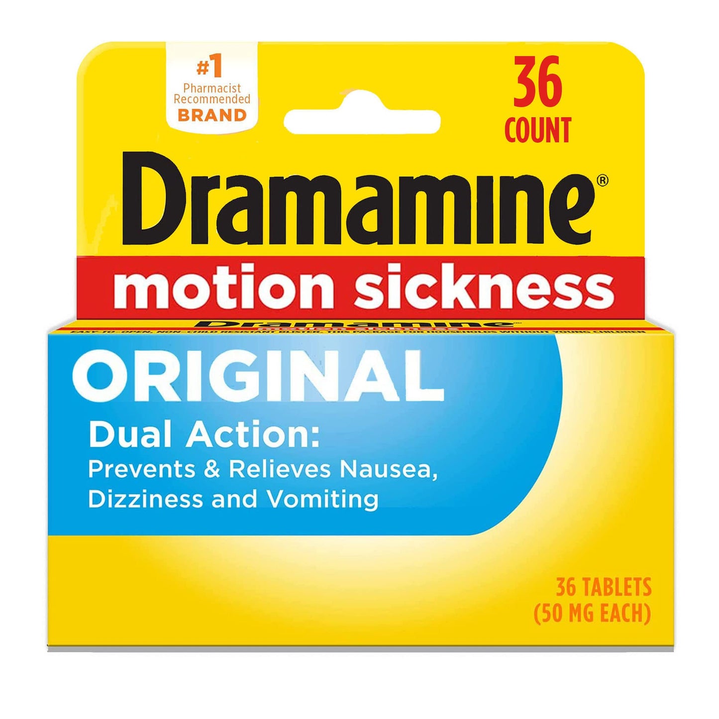 Dramamine Original, Motion Sickness Relief, 36 Count & Non-Drowsy, Motion Sickness Relief, Made with Natural Ginger, 18 Count, 2 Pack