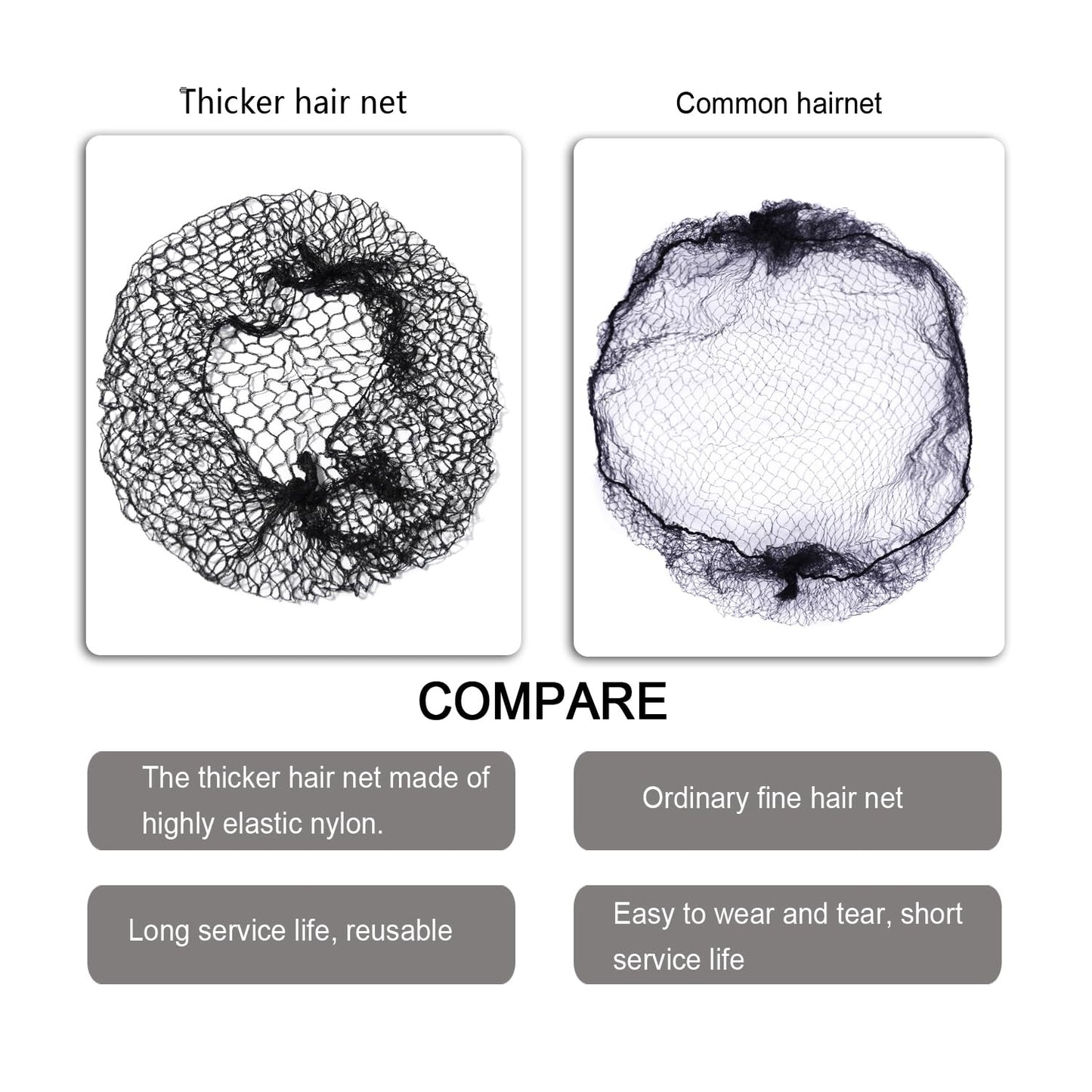 12 Pcs Thicker Hair Net Black Invisible Elastic Edge Mesh Wig Net Reusable Hair Net for Women Hair Bun Food Service Ballet (20 I