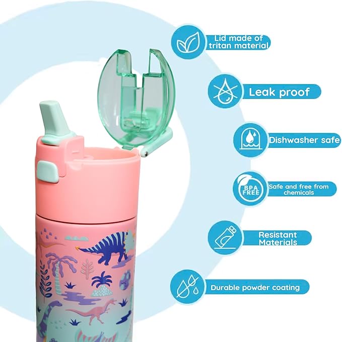 Kids insulated water bottle with straw and snack cup. Double wall stainless steel 14oz (skyblue ocean theme)