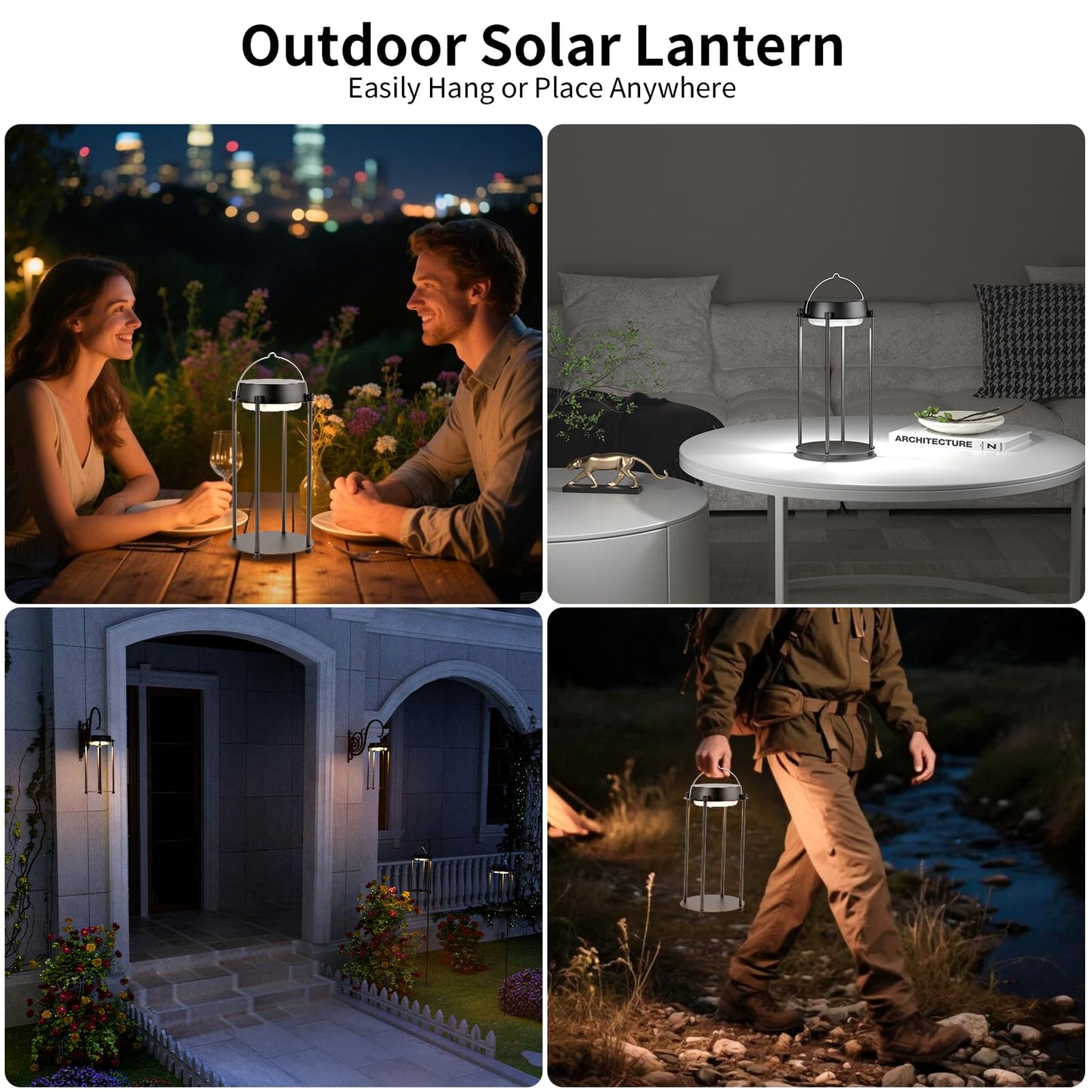 Bsgifts Solar Lantern, LED Hanging Light, 3 Color Modes, Waterproof, Black, Model CL-TD07A