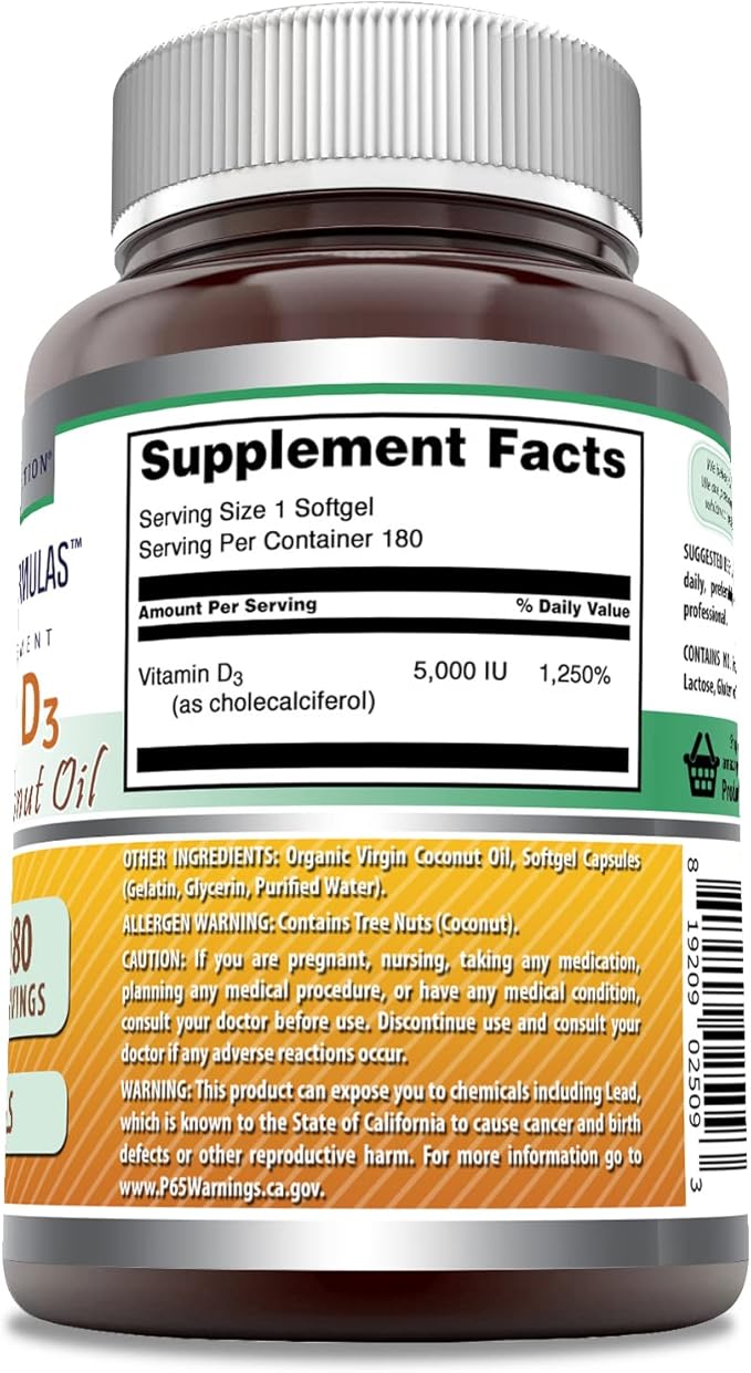 Amazing Formulas Vitamin D3 with Coconut Oil Supplement | 5000 IU Per Serving | 180 Softgels | Non-GMO | Gluten Free | Made in USA