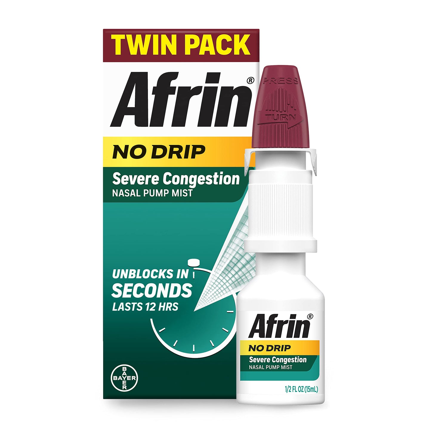 Afrin No Drip Severe Congestion Nasal Mist Twin Pack, Non-Drowsy, Fast-Acting Decongestant for Nasal Congestion and Sinus Pressure Relief, Adults and Children 6 and Older, .5 fl oz (Pack of 2)