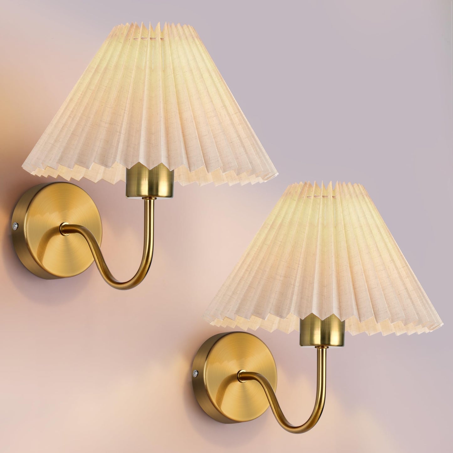 Dolymoly Gold Wall Sconces Sets of 2, Indoor Wall Light Fixtures with Fabric Lampshade, Pleated Fabric Wall Lamp Dresser Hardwir