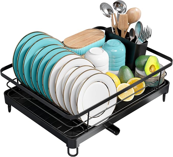 Stainless Steel Dish Drying Rack for Kitchen Counter, Sink Organization and Storage Essentials with Silverware & Utensil Holder, Home and Apartment Decor, 12.5''W x 16.5'L, Black