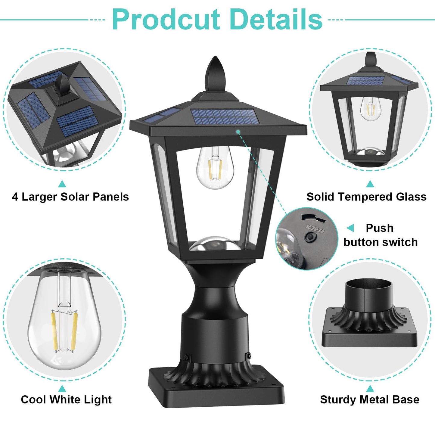 Greluna Solar Post Lights, 3000K Dusk to Dawn Outdoor Lamp, Waterproof, Pier Mount Base, Warm White, Model PL007