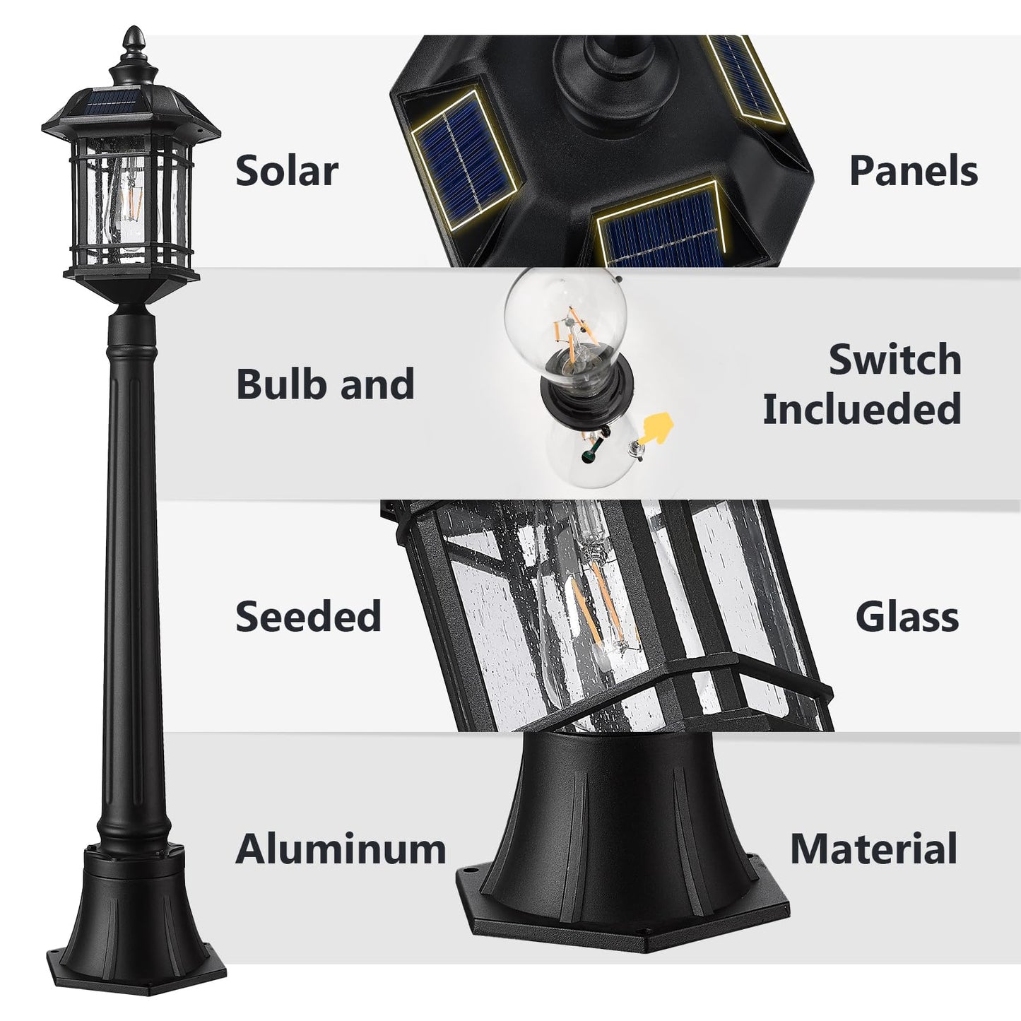 Emliviar Solar Powered Post Light, Remote Control, Dusk to Dawn LED, 40.9 Inch, Black, Model 2084PL-SL BK