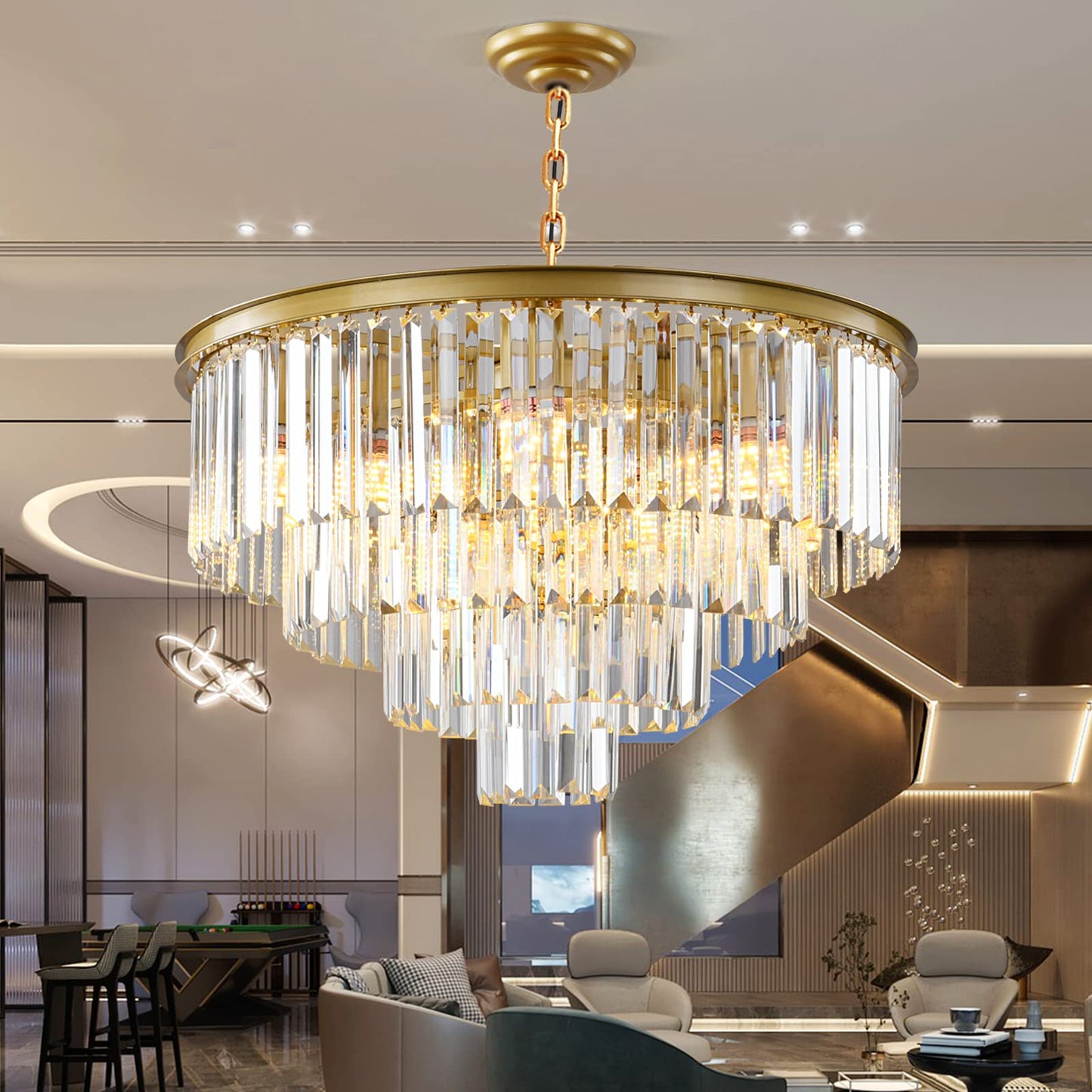 Laiuetai Gold Modern Crystal Chandelier 4-Tier Round Flush Mount Ceiling Light Fixtures Height Adjustable Pendant Lighting For Dining Room Living Room Bedroom Kitchen Hotel Foyer